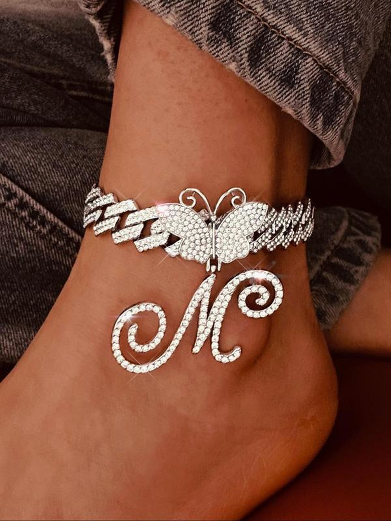 Rhinestone Butterfly & Letter Decor Cuban Chunky Chain Link Anklet for Women & Girls, Ankle Bracelet Summer Style Jewelry, for Birthday Gift Back to School