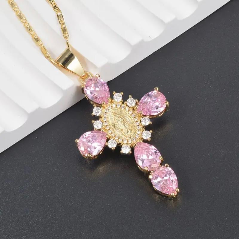 Pink Virgin Mary Zircon Necklace Virgen De Guadalupe