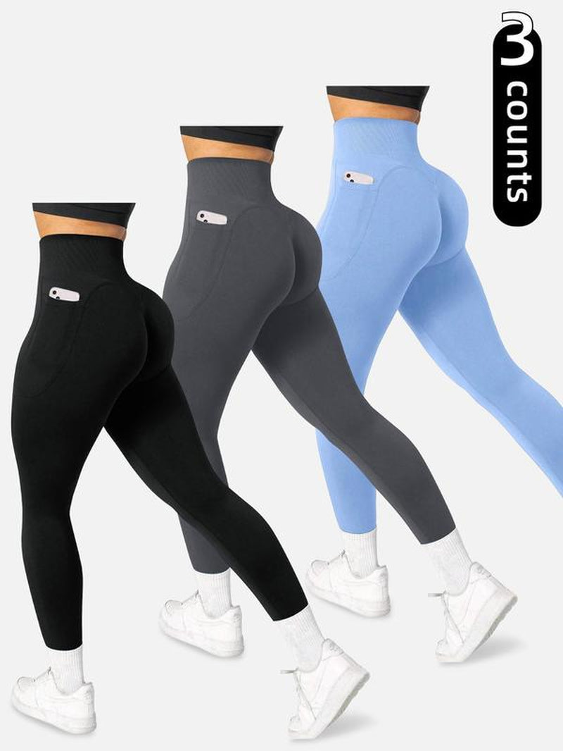 Women'S Solid High Waist Pocket Sports Leggings, Sporty Comfy Breathable Skinny Pants for Yoga Gym Workout, Ladies Sportswear Yoga Legging Yoga Leggings for All Seasons, Leggings Tummy Control