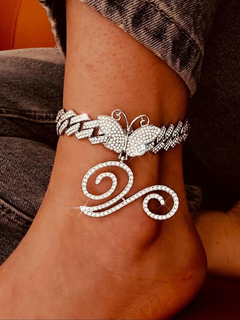 Rhinestone Butterfly & Letter Decor Cuban Chunky Chain Link Anklet for Women & Girls, Ankle Bracelet Summer Style Jewelry, for Birthday Gift Back to School