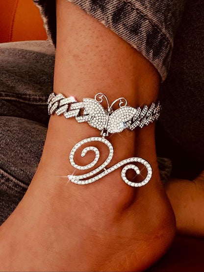 Rhinestone Butterfly & Letter Decor Cuban Chunky Chain Link Anklet for Women & Girls, Ankle Bracelet Summer Style Jewelry, for Birthday Gift Back to School