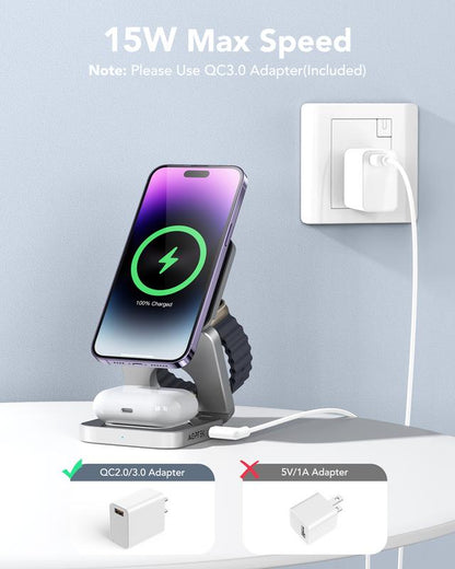 Magnetic Wireless Charger, 3-In-1 Foldable Charging Station, Mag -Safe Charger Compatible with Iphone 16, 15, 14, 13, 12 Pro/Pro Max/Mini, Apple Watch & Airpods, Travel Charger with Travel Case & 18W Adapter, Folding Electronic Smartphone Charger