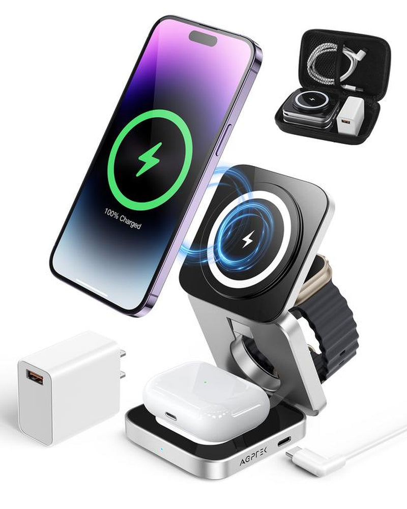 Magnetic Wireless Charger, 3-In-1 Foldable Charging Station, Mag -Safe Charger Compatible with Iphone 16, 15, 14, 13, 12 Pro/Pro Max/Mini, Apple Watch & Airpods, Travel Charger with Travel Case & 18W Adapter, Folding Electronic Smartphone Charger